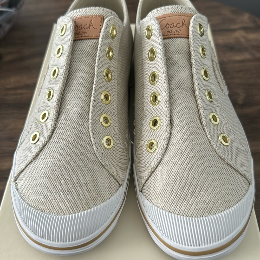 Coach Beige Canvas Slip-On Sneakers with Gold Eyelets